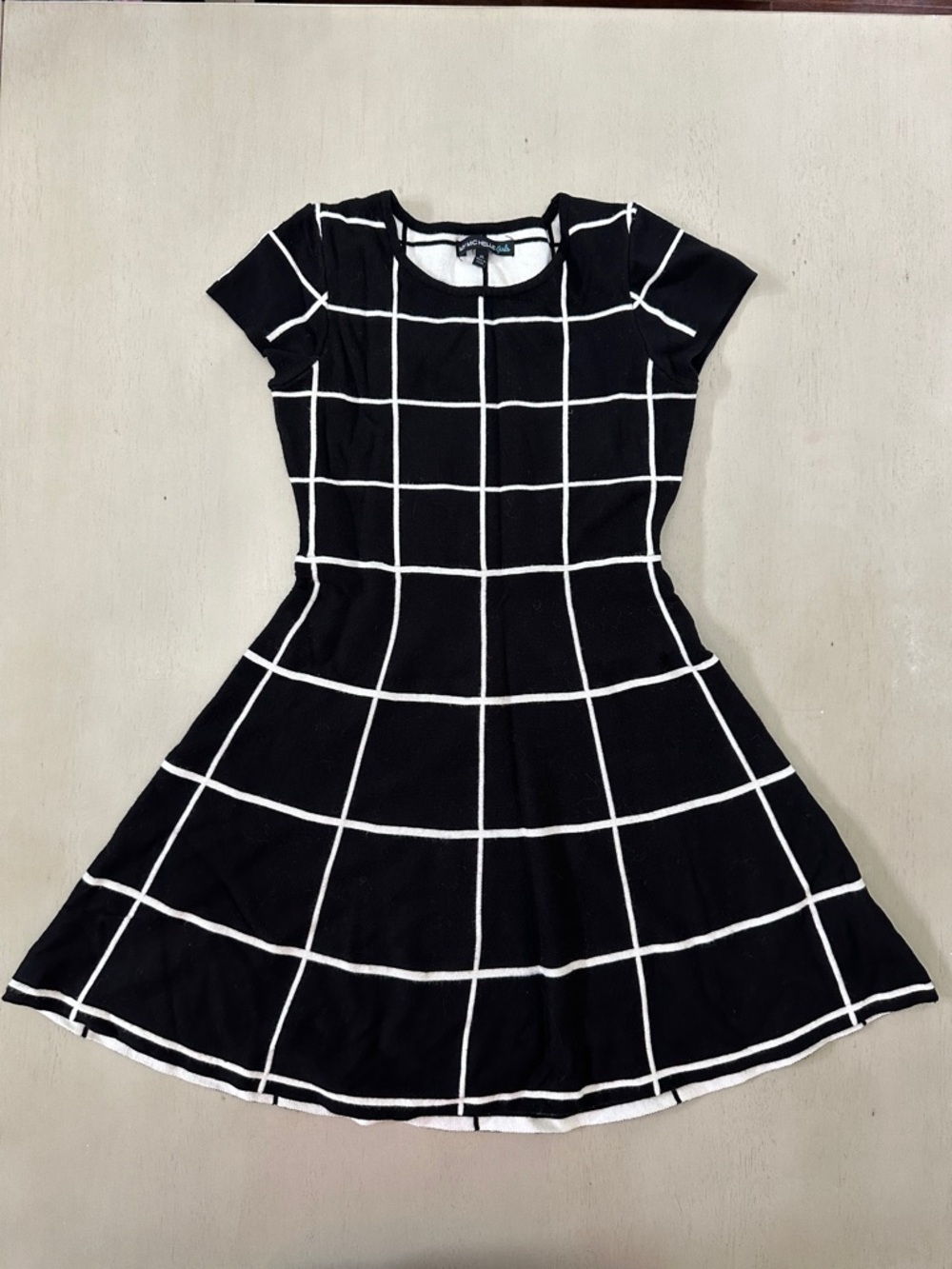 My Michelle Girls Black Grid-Print Fit & Flare Dress - size medium